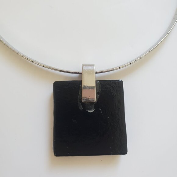 Blue Fused Glass Square Dichroic Pendant Necklace Electric Blue Violet Hues - Picture 7 of 7